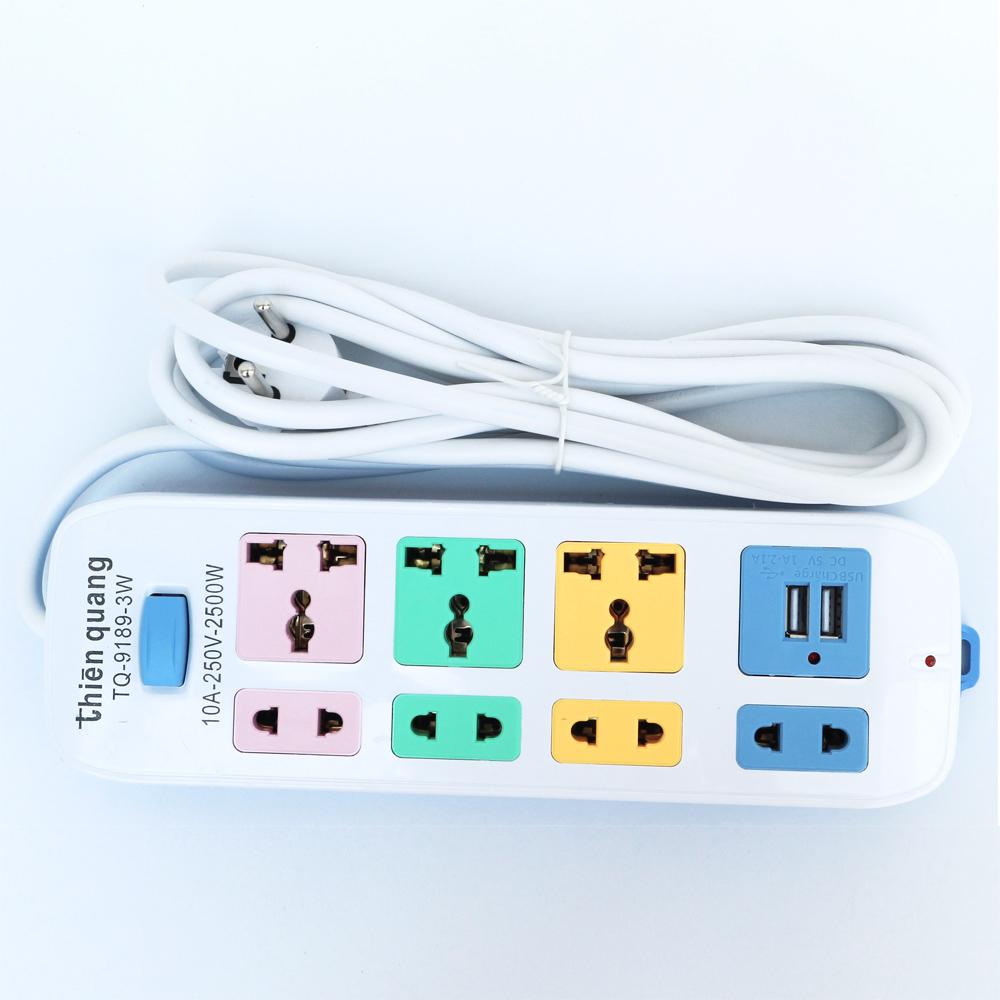 Ổ Cắm 8 lỗ Thiên Quang 2500w, dây 3m, Trắng - USB