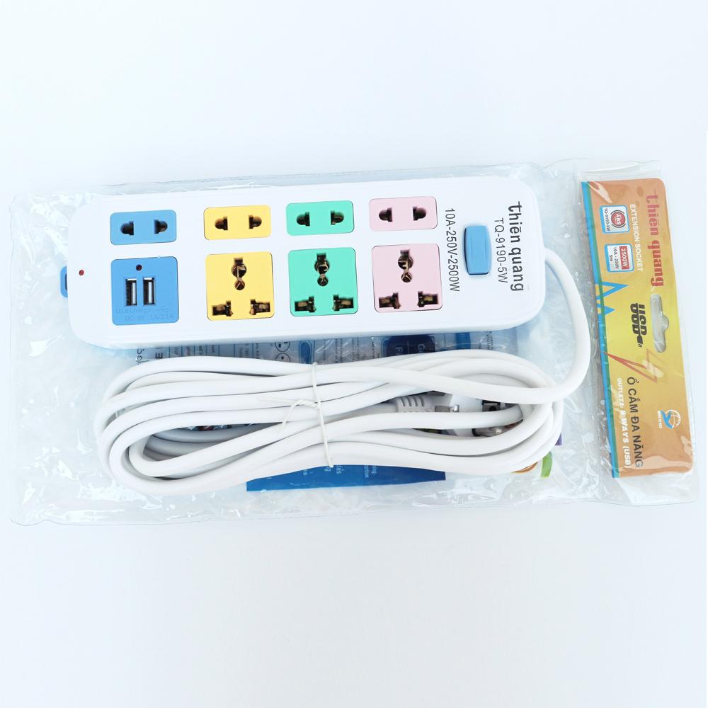 Ổ Cắm 8 lỗ Thiên Quang 2500w, dây 5m, Trắng - USB